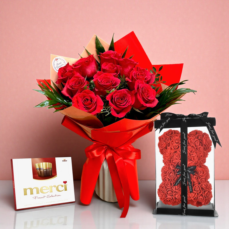 Pachet Valentine's Day: 11 trandafiri roșii, bomboane Merci și ursuleț din trandafiri roșu – cadou Iași | About Flowers