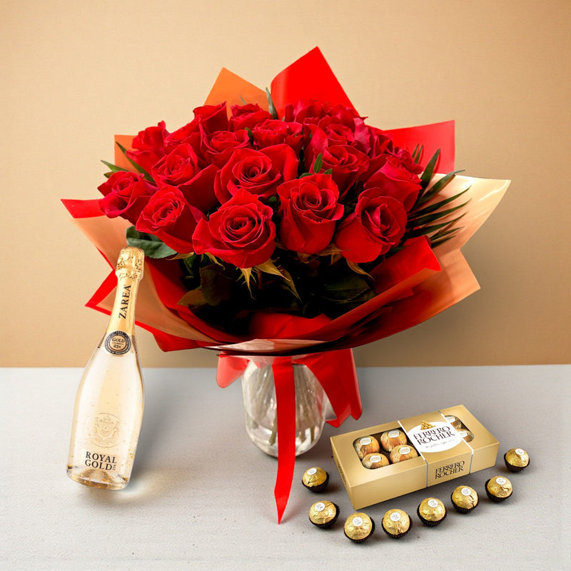 Pachet Valentine's Day: 21 trandafiri roșii, spumant Zarea Royal Gold și Ferrero Rocher – cadou Iași | About Flowers