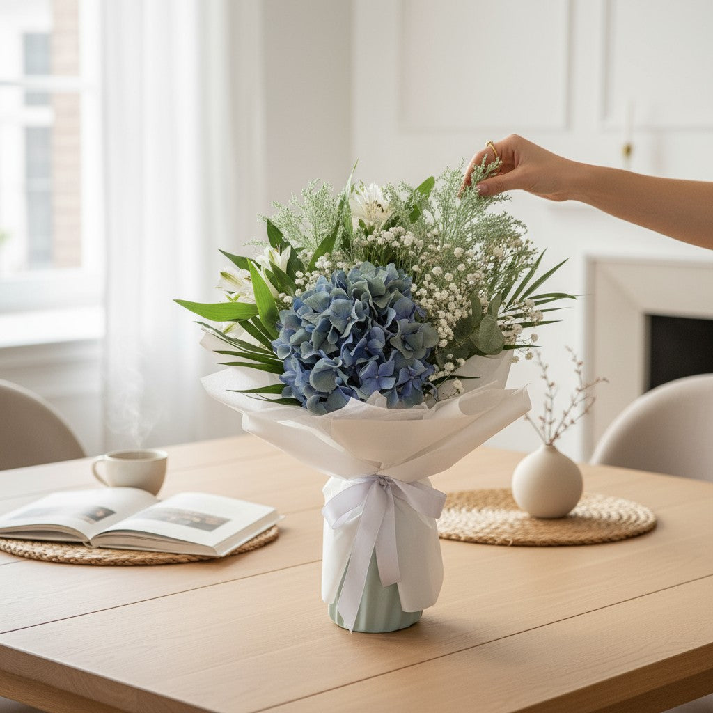 Buchet hortensie albastră cu alstroemeria albă și floarea-miresei, ambianță living