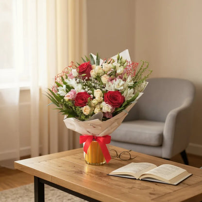 Buchet „Chic Harmony” – Trandafiri, miniroze și lisianthus într-un aranjament elegant About Flowers