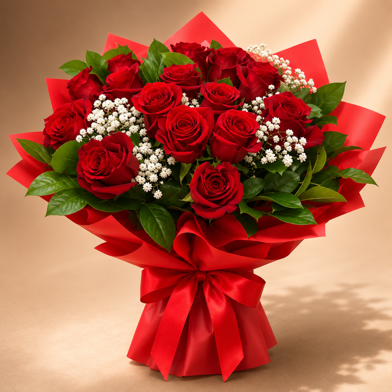 Buchet 15 trandafiri roșii cu floarea-miresei, în vază – livrare flori Iași | About Flowers