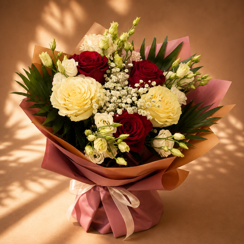 Buchet trandafiri galbeni cu accente roșii și floarea-miresei – livrare flori Iași | About Flowers