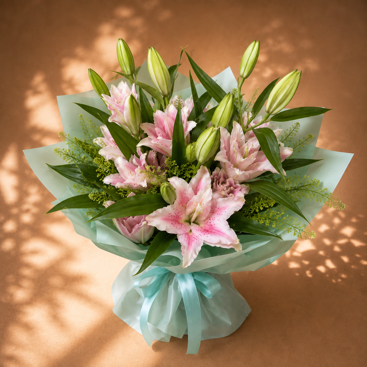 Buchet crini roz cu boboci, în vază albă – livrare flori Iași | About Flowers