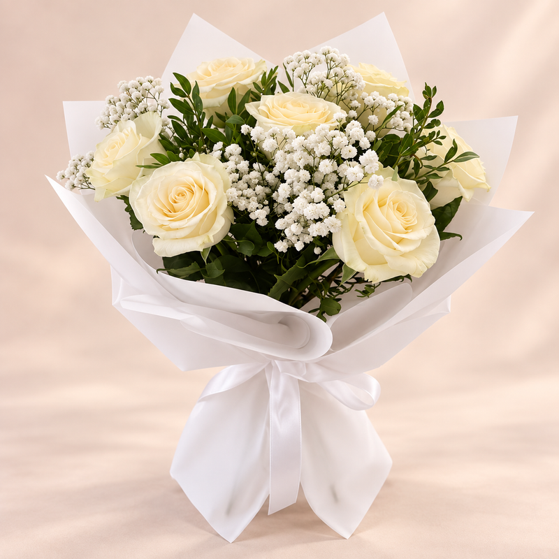 Buchet 7 trandafiri albi cu floarea-miresei – livrare flori Iași | About Flowers