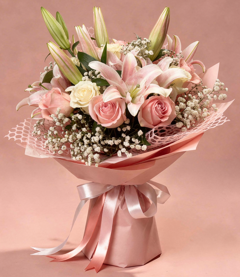 Buchet trandafiri roz și crini cu floarea-miresei – livrare flori Iași | About Flowers