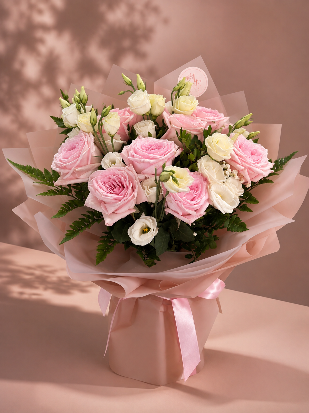 Buchet trandafiri O'hara cu lisianthus alb – livrare flori Iași | About Flowers