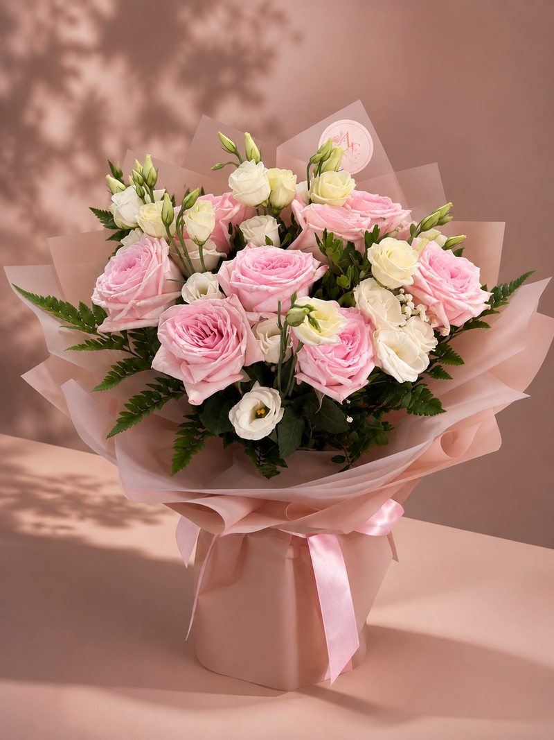 Buchet trandafiri O'hara cu lisianthus alb – livrare flori Iași | About Flowers