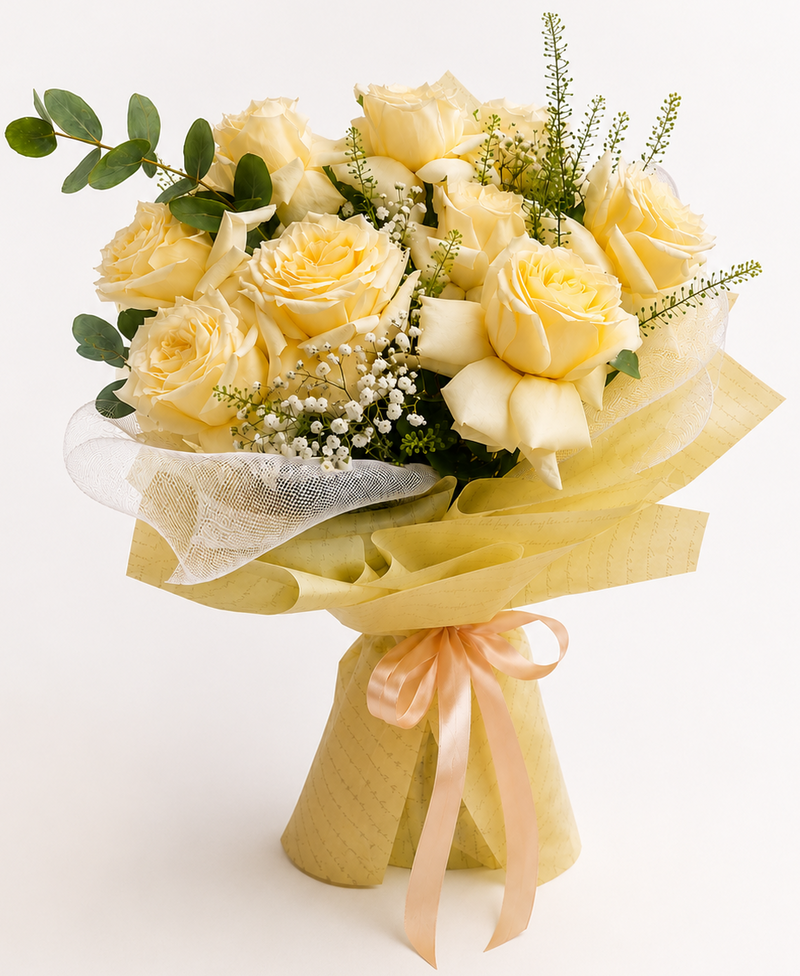 Buchet 9 trandafiri albi Candlelight cu floarea-miresei – livrare flori Iași | About Flowers