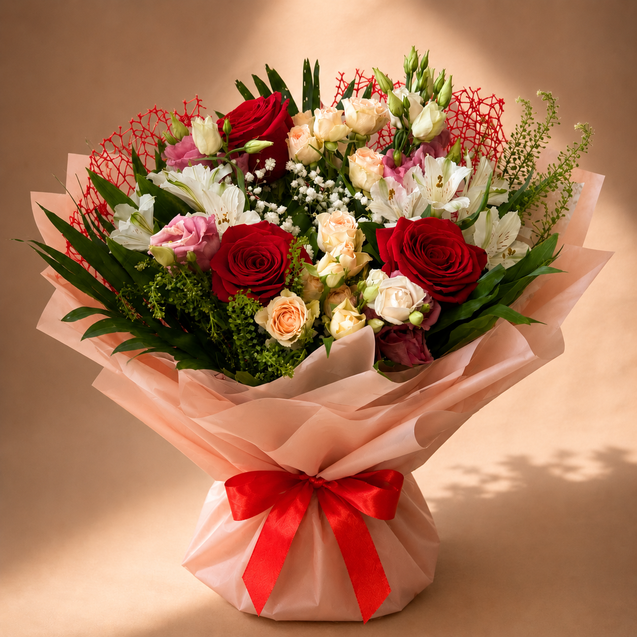 Buchet trandafiri roșii cu miniroze crem și alstroemeria albă – livrare flori Iași | About Flowers