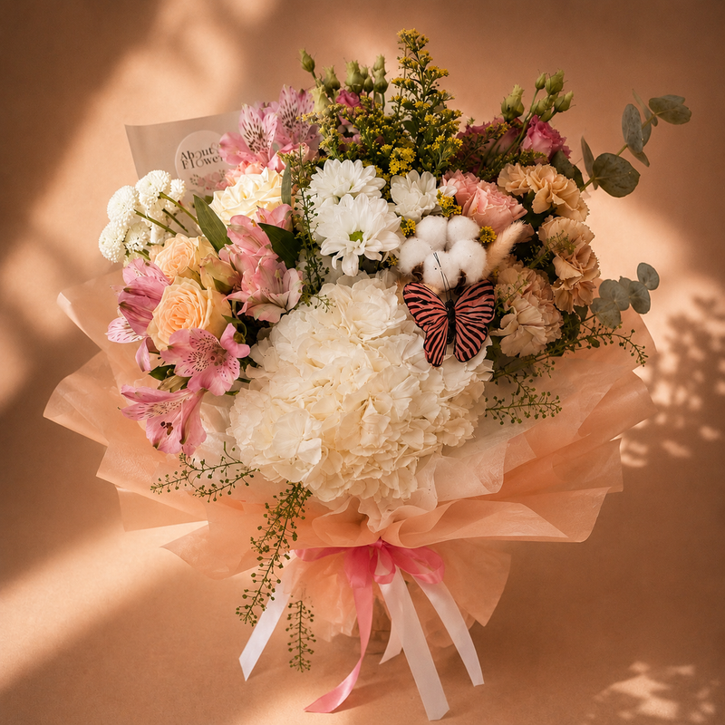 Buchet pastel cu hortensie albă, alstroemeria roz și garoafe portocalii – livrare flori Iași | About Flowers