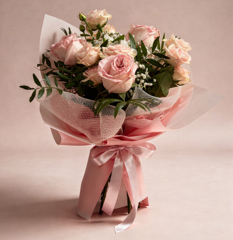 Buchet trandafiri roz cu verdeață și floarea-miresei, fundă roz – livrare flori Iași | About Flowers