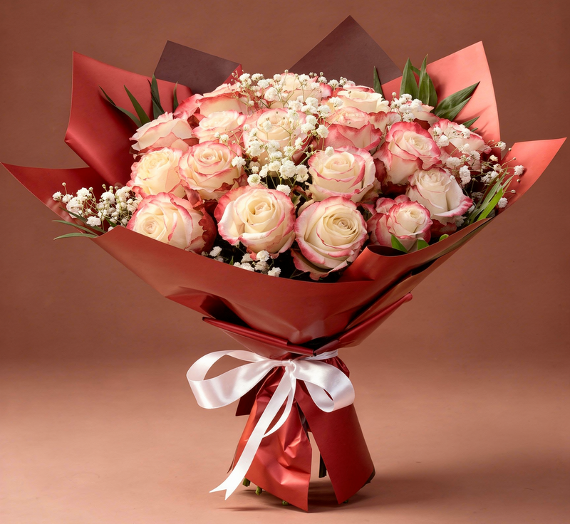 Buchet 19 trandafiri bicolori crem-roz cu floarea-miresei – livrare flori Iași | About Flowers
