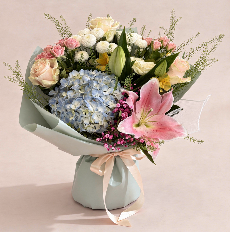 Buchet hortensie albastră cu trandafiri crem, crin roz și miniroze – livrare flori Iași | About Flowers